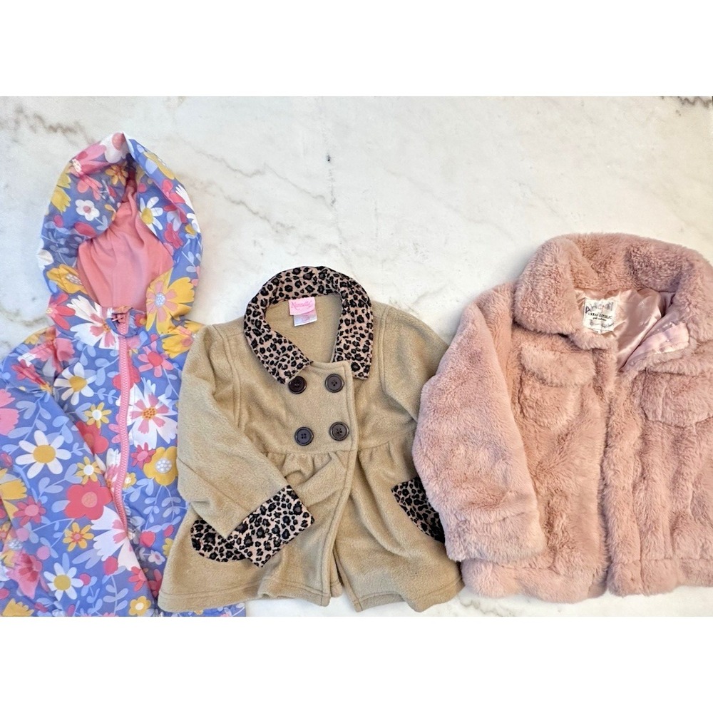 Lot 3 Three Girls Jackets Pink Blue Tan Floral Animal Faux Fur Rain Fall Size 4t